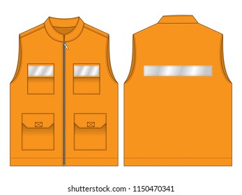 Safety Orange Vest With Silver Reflective Tape Design Vector.
Front and Back View.