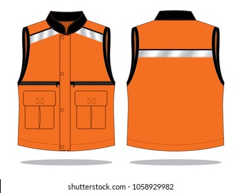 Safety Orange-Black Vest with Multiple Pockets, Gray Reflective Tape, Snaps Hidden Zip Design on White Background. Front and Back Views, Vector File.
