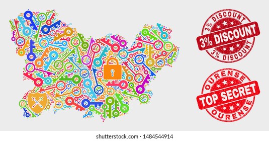 Safety Ourense Province map and seals. Red round Top Secret and 3% Discount grunge seals. Colorful Ourense Province map mosaic of different safeguard items. Vector collage for safety purposes.