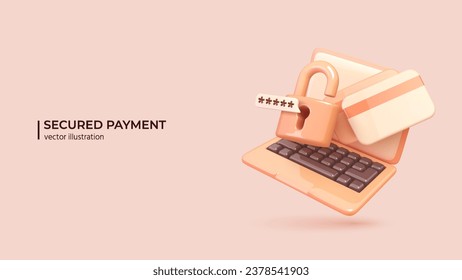 Safety Payments - 3D Concept. Realistic 3d design of Laptop with Credit Cards and Padlock. 3D Vector illustration in cartoon minimal style.