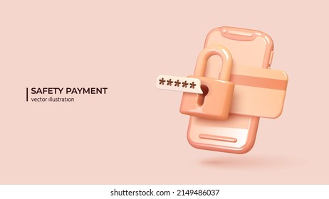 Safety payments concept. Realistic 3d design of padlock with password on smart wallet and credit card over smartphone. The concept of mobile phone and personal data protection. Vector illustration