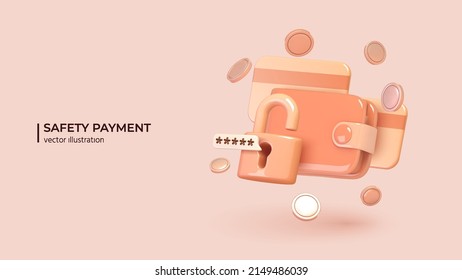 Safety payments concept. Realistic 3d design of smart wallet with payment application with padlock, lock with password on smartphone and coins around it. Vector illustration