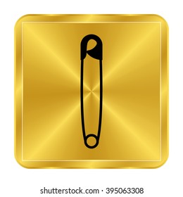 safety pin - black vector icon;  gold button