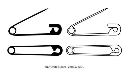 Safety pin black and white flat vector icon set. Safety pin symbol and clip art