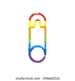 Safety pin for clothes or diapers, simple icon. Drawing sign with LGBT style, seven colors of rainbow (red, orange, yellow, green, blue, indigo, violet