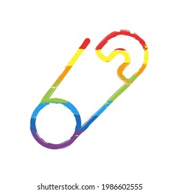 Safety pin for clothes or diapers, simple icon. Drawing sign with LGBT style, seven colors of rainbow (red, orange, yellow, green, blue, indigo, violet