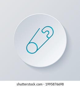 Safety pin for clothes or diapers, simple icon. Cut circle with gray and blue layers. Paper style
