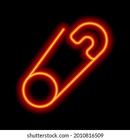 Safety pin for clothes or diapers, simple icon. Orange neon style on black background. Light linear icon with editable stroke