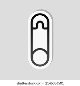 Safety pin for clothes or diapers, simple icon. Linear sticker, white border and simple shadow on gray background