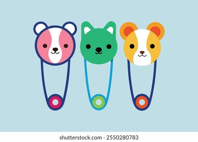 Safety pin collection with colorful animal heads vector art illustration.