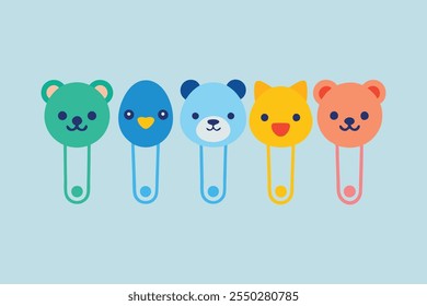 Safety pin collection with colorful animal heads vector art illustration.