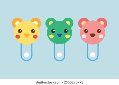 Safety pin collection with colorful animal heads vector art illustration.