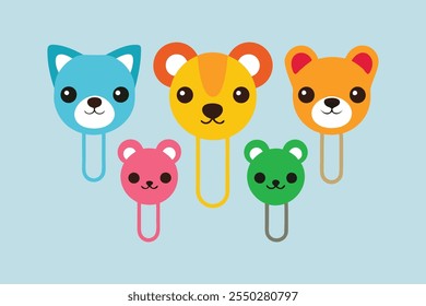 Safety pin collection with colorful animal heads vector art illustration.