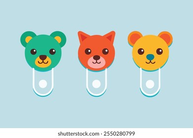 Safety pin collection with colorful animal heads vector art illustration.