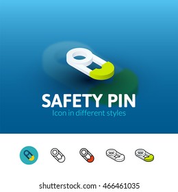Safety pin color icon, vector symbol in flat, outline and isometric style isolated on blur background
