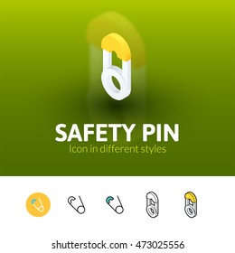 Safety pin color icon, vector symbol in flat, outline and isometric style isolated on blur background