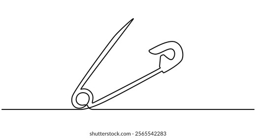 Safety Pin in continuous one line drawing. One line draw design vector illustration, one continuous single drawn line art doodle outline safety pin on white background, Safety pin continuous one line.