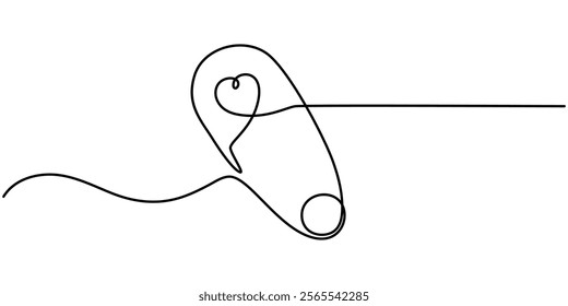 Safety Pin in continuous one line drawing. One line draw design vector illustration, one continuous single drawn line art doodle outline safety pin on white background, Safety pin continuous one line.