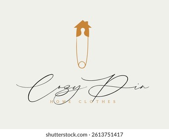 Safety pin cozy clothes label with inscription drawing in minimalist art linear art style on beige background