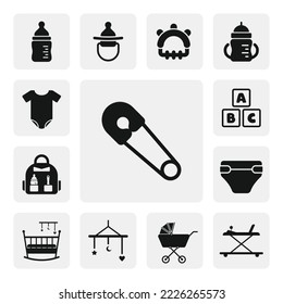 Sicherheitsnadel flaches Websymbol. Zweipolige Silhouette solide schwarze Vektordesign. Babyduschsymbol