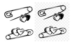Safety Pin With Heart, Vector Sketch Illustration, Black Outline, Print Design, Tattoo Flash