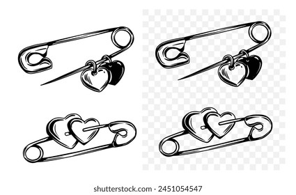 Safety pin with heart, vector sketch illustration, black outline, print design, tattoo flash