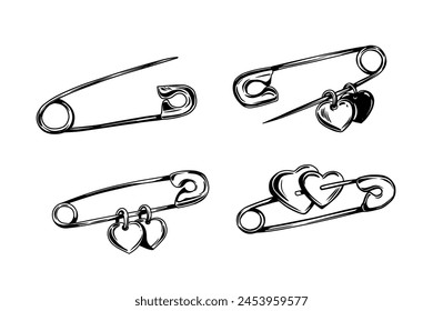 Safety pin with heart, vector sketch illustration, black outline, print design, tattoo flash