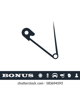 Safety pin icon flat. Black pictogram on white background. Vector illustration symbol and bonus button