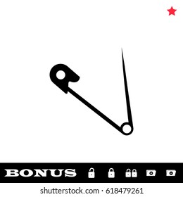 Safety pin icon flat. Black pictogram on white background. Vector illustration symbol and bonus button open and closed lock, folder, star