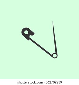 Safety pin icon flat. Grey vector symbol on green background