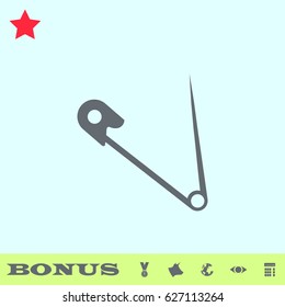 Safety pin icon flat. Grey pictogram on blue background. Vector illustration symbol and bonus buttons medal, cow, earth, eye, calculator