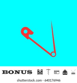 Safety pin icon flat. Red pictogram on blue background. Vector illustration symbol and bonus buttons Music center, corkscrew, credit card, house, drum