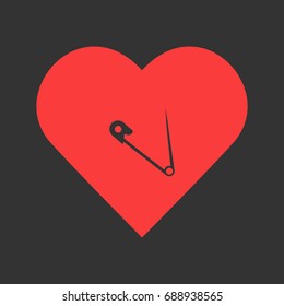 Safety pin icon flat. Simple pictogram on heart background. Vector illustration symbol
