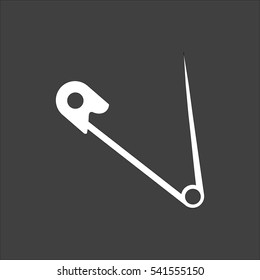 Safety pin icon flat. Vector white illustration isolated on black background. Flat symbol