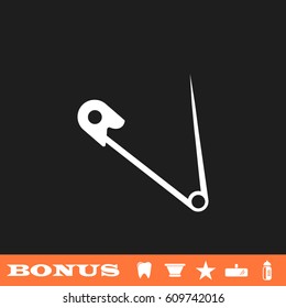 Safety pin icon flat. White pictogram on black background. Vector illustration symbol and bonus button tooth, vase, star, mirror, bottle