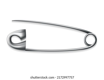 Safety pin icon. Metal sewing tool for fasten pieces of clothing together. Vector design of opened silver or stainless steel safety pin on white background