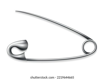 Safety pin icon. Metal sewing tool for fasten pieces of clothing together. Vector design of opened silver or stainless steel safety pin on white background