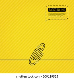 Safety pin icon. Paperclip sign. Speech bubble of dotted line. Orange background. Vector
