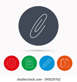 Safety pin icon. Paperclip sign. Calendar, cogwheel, document file and pencil icons.