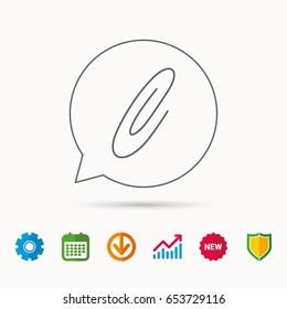 Safety pin icon. Paperclip sign. Calendar, Graph chart and Cogwheel signs. Download and Shield web icons. Vector