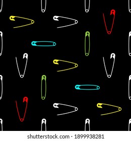 Safety Pin Icon Seamless Pattern, Pointed Pin With Spring Mechanism Vector Art Illustration