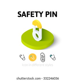Safety pin icon, vector symbol in flat, outline and isometric style