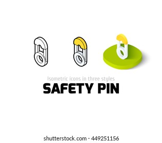 Safety pin icon, vector symbol in flat, outline and isometric style