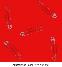 safety pin on red background, seamless pattern, vector illustration