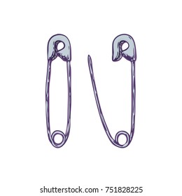 Safety pin on white background, colorful sketch illustration of accessories for handicrafts. Vector