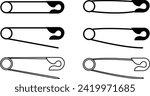 Safety pin. Opened and closed pin set. pierced and clipping path sign. Vector icon. Open and close safety pins. Realistic Metal Safety Pin Vector silhouette editable stroke on transparent background.