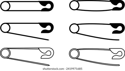 Safety pin. Opened and closed pin set. pierced and clipping path sign. Vector icon. Open and close safety pins. Realistic Metal Safety Pin Vector silhouette editable stroke on transparent background.