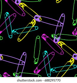 Safety pin seamless pattern. Grunge texture for textile, wallpaper, fabrics. Colorful neon  details on a black background. Vector illustration EPS 8