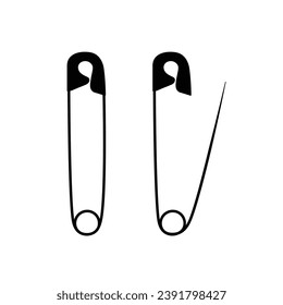 Safety pin silhouette flat illustration vector on white background. Black and white icon for sewing concept. Tool for tailors. Accesories for housekeeping, housewife, housework. Sewing supplies.