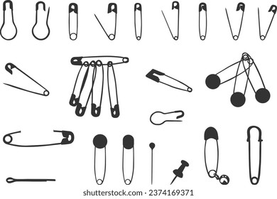 Safety pin silhouette, Pin silhouette, Open safety pin, Closed safety pin silhouette